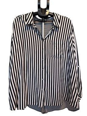 Jane and Delancey black and white vertical striped button-down shirt plus size
